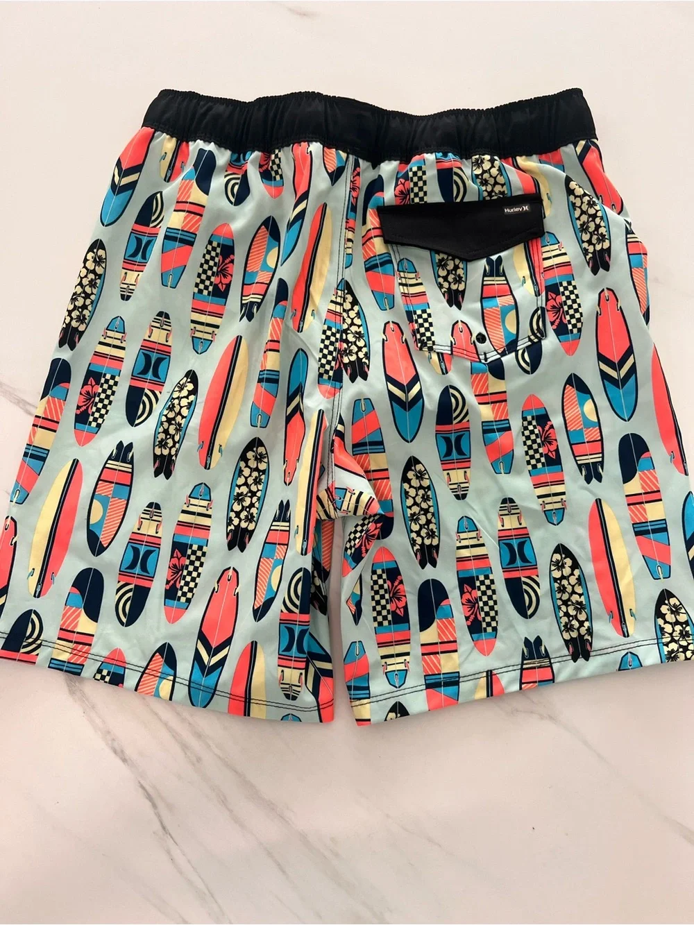 Hurley Light Blue Surfboard Pattern Boys' Swim Trunks with Black Waistband